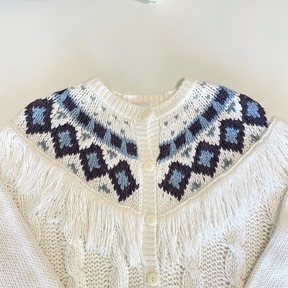 Vintage Nordic Fair Isle Fringe Yoke Cardigan Cable Knit Sweater 80s 90s Medium